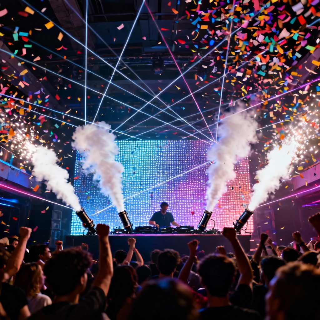AI EDM festival drop with confetti and crowd