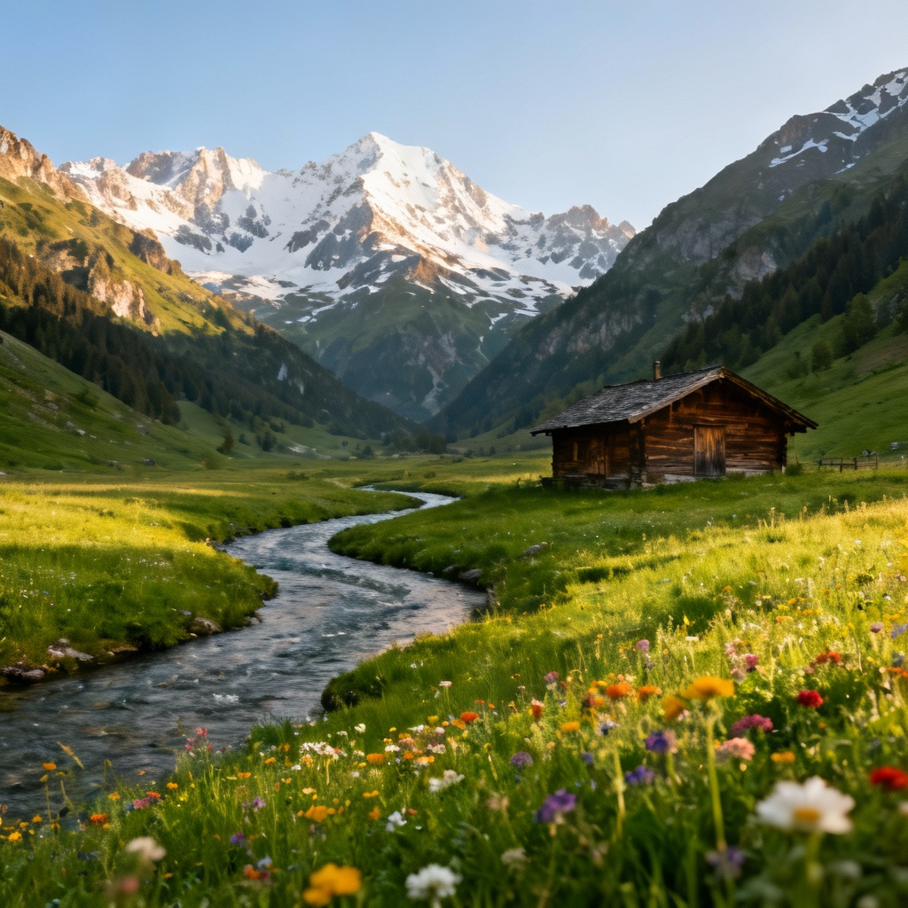AI alpine meadow with chalet, river, and snowy peaks