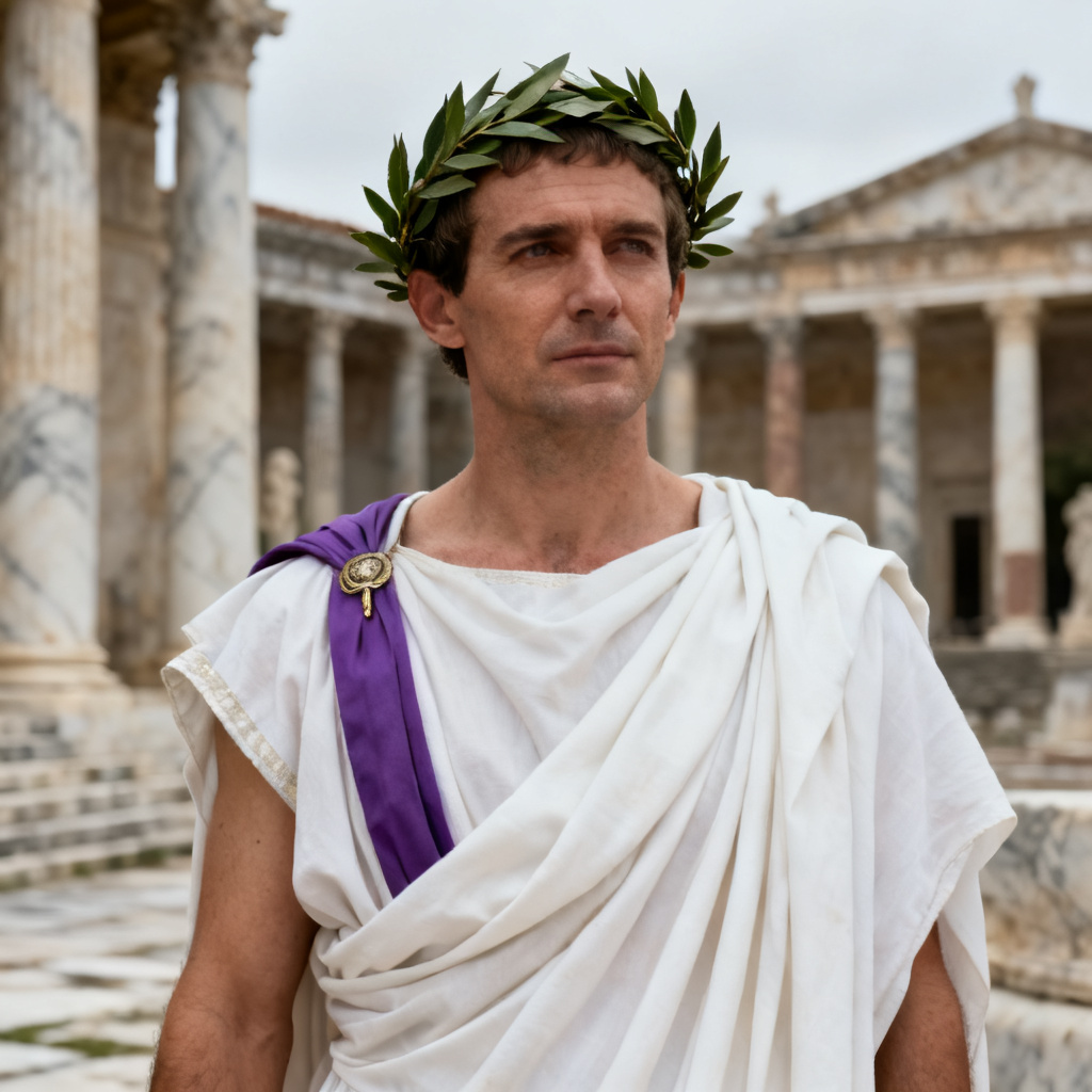 AI Roman toga outfit in marble forum