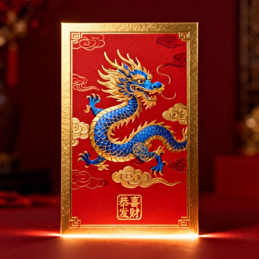 AI CNY dragon card with imperial red and gold clouds