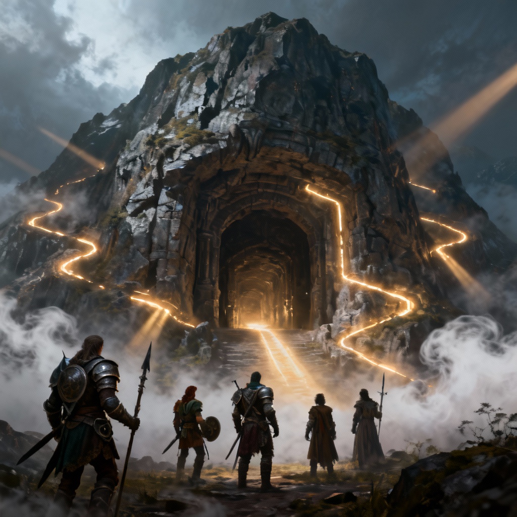 Hero art of a party entering a glowing dungeon doorway with branching paths