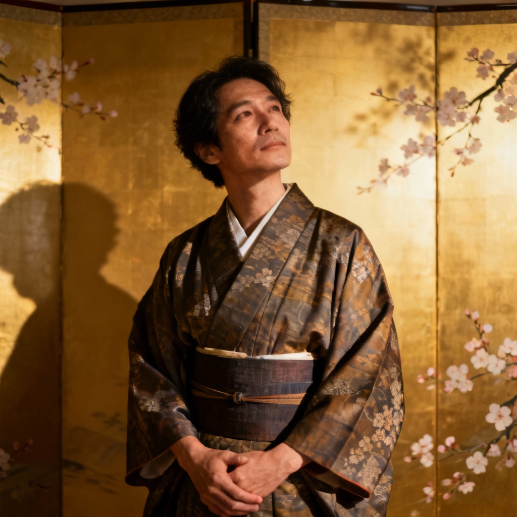 AI portrait in traditional Japanese kimono indoors