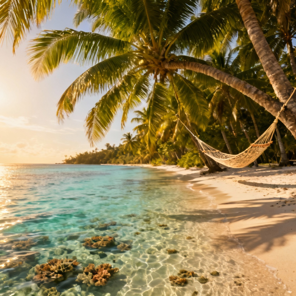 Panoramic tropical beach with palm trees and clear water