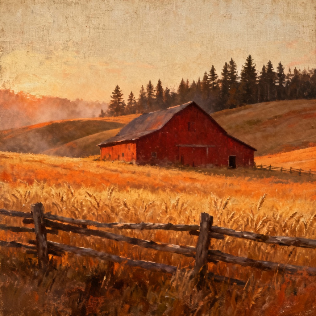 AI rustic autumn barn landscape with golden fields