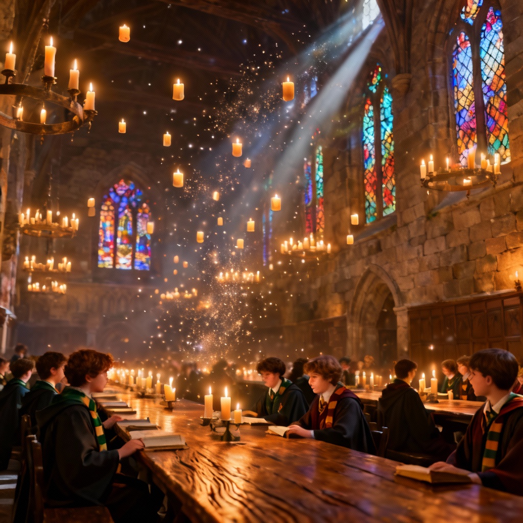 AI magic school candlelit hall interior