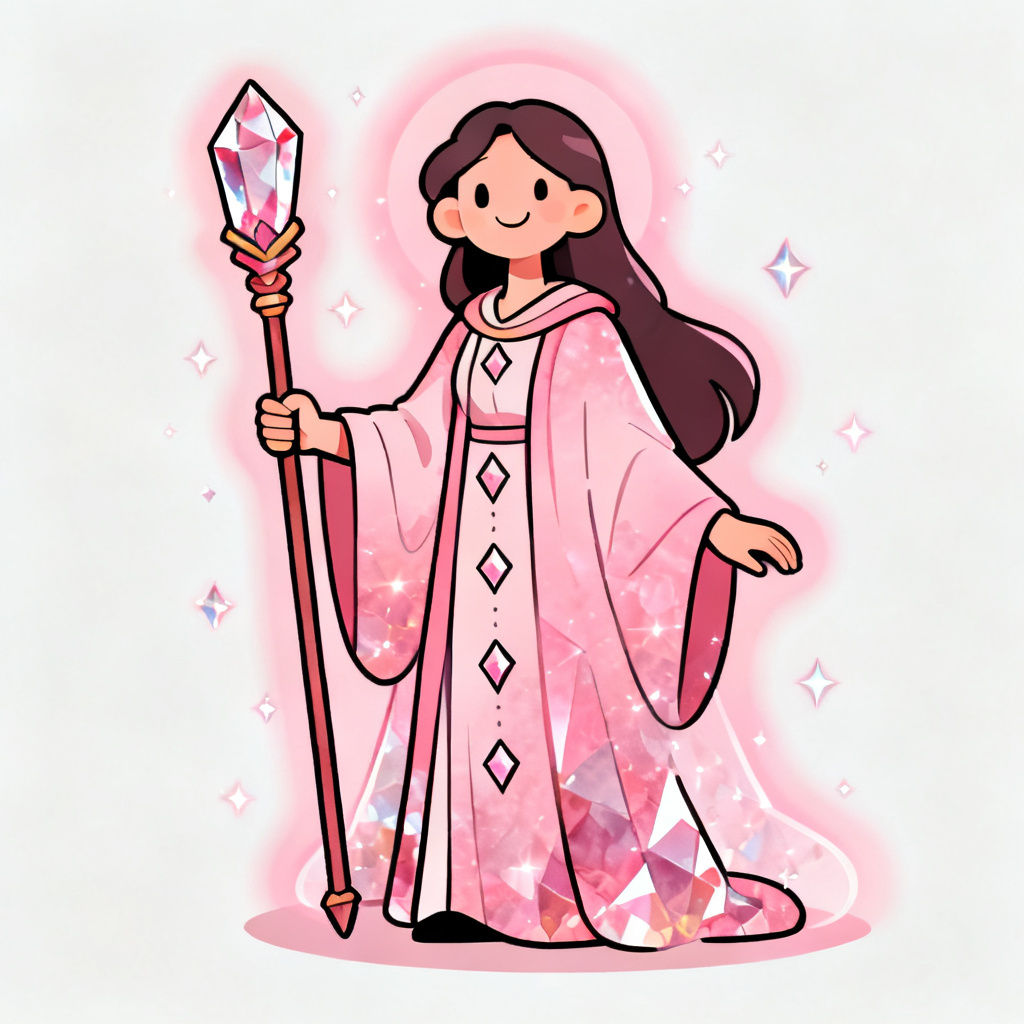AI pink quartz healer gemsona with shimmer aura and staff