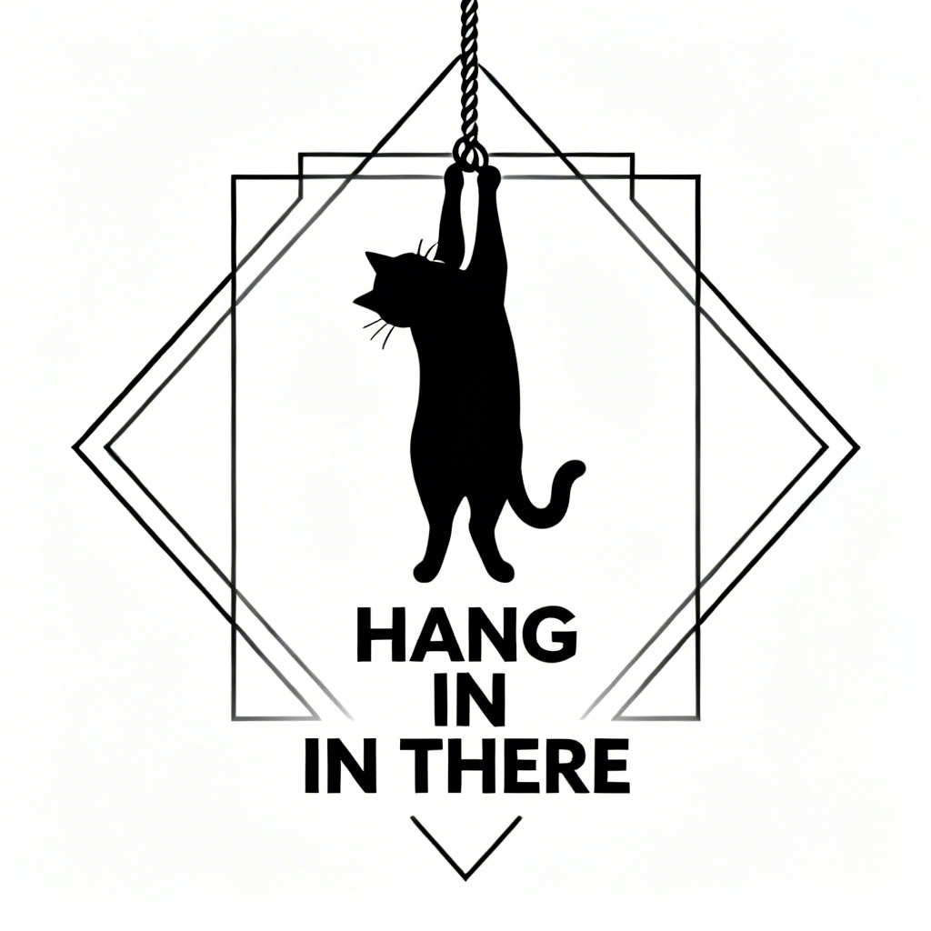 Black and white hang in there cat poster in minimalist graphic style