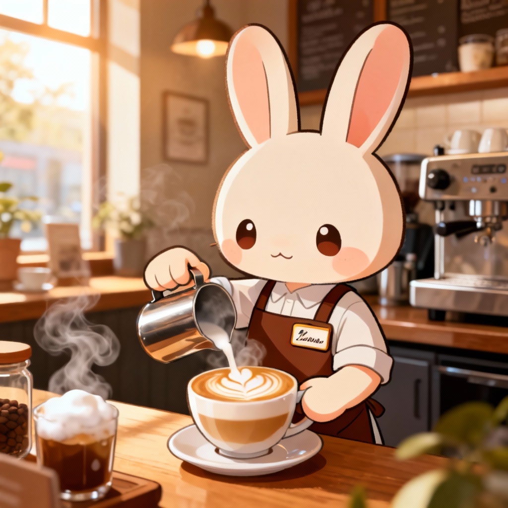 AI cozy bunny furry barista making latte art