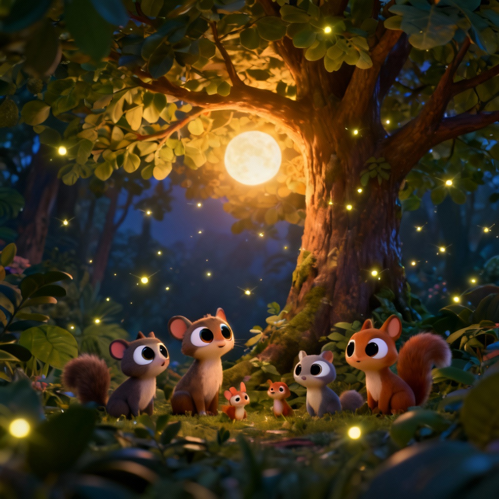 AI Pixar-style fantasy forest friends with glowing fireflies
