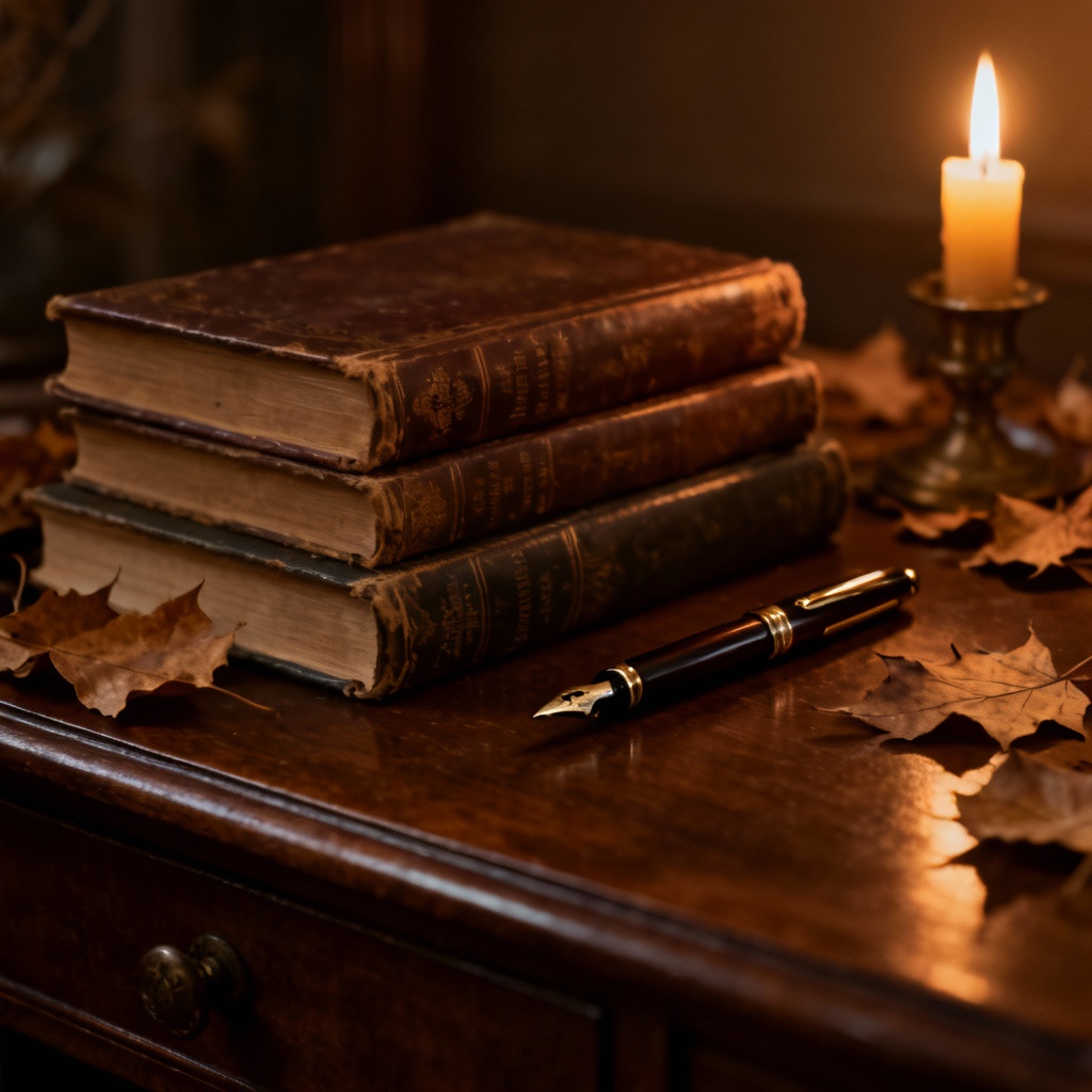 AI dark academia aesthetic wallpaper with books and candlelight