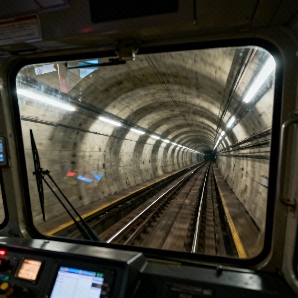 AI subway cab view racing through tunnel lights