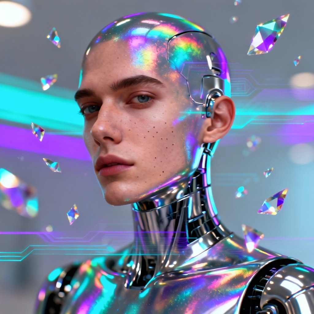 AI chrome android portrait with holographic light