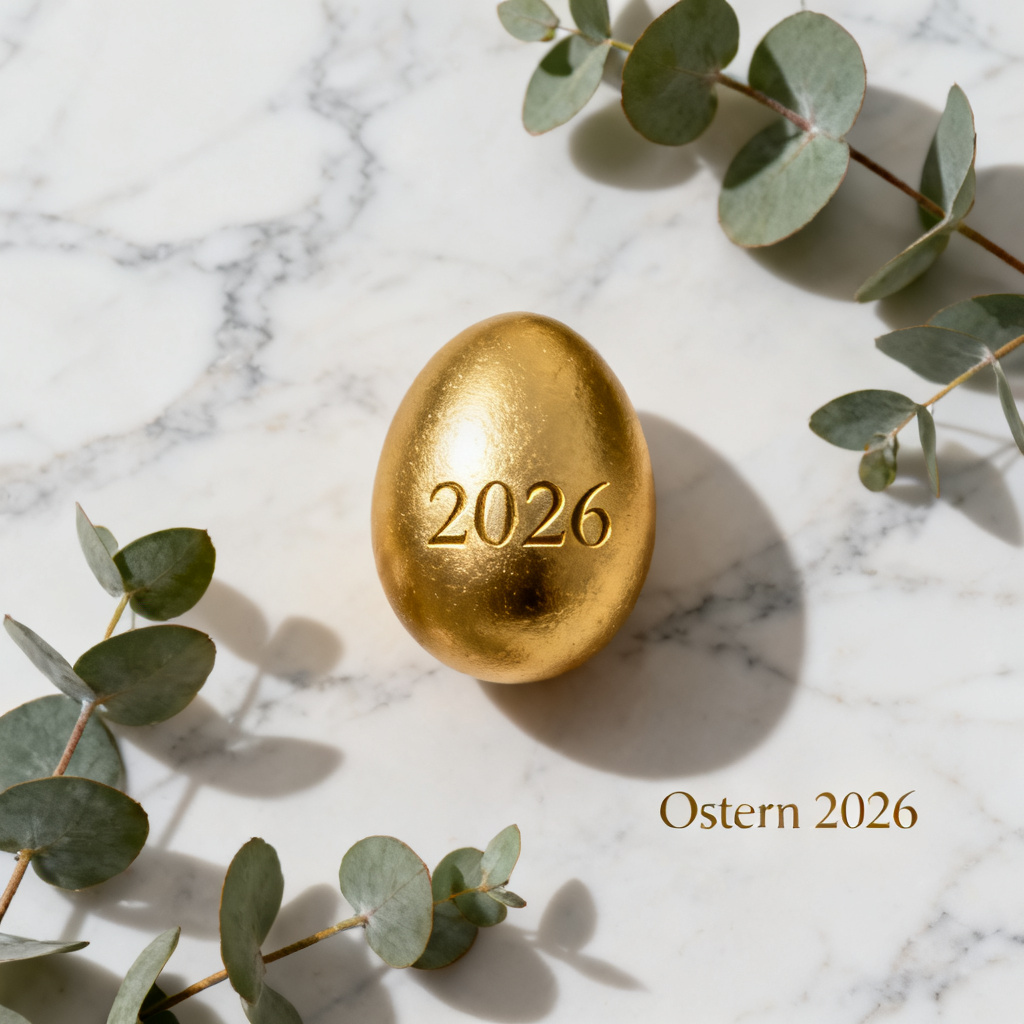 Elegant golden Easter egg flatlay with 2026 engraving