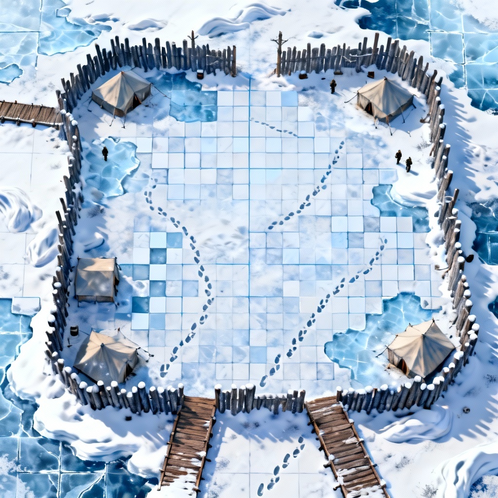Snowy outpost battle map with blizzard fog and grid