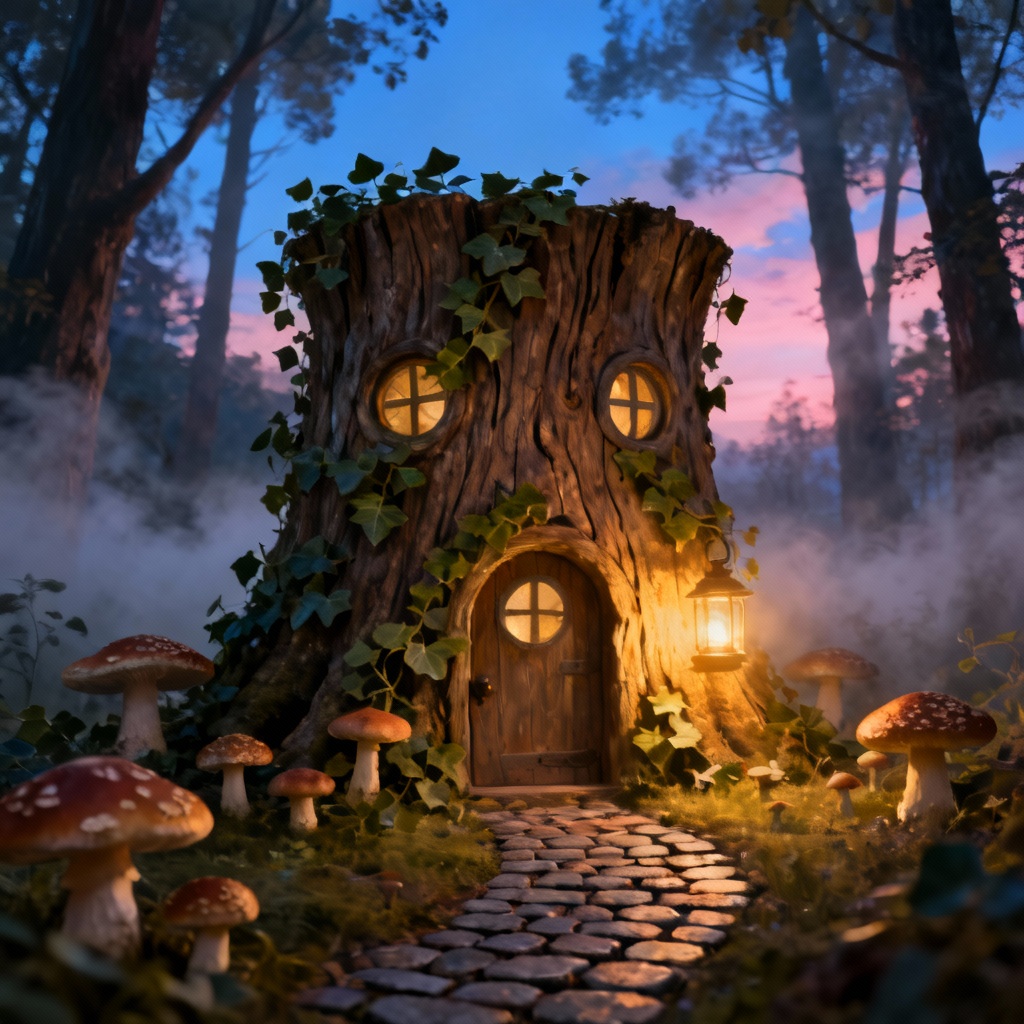 Whimsical stump house with glowing windows and mushrooms in a twilight forest