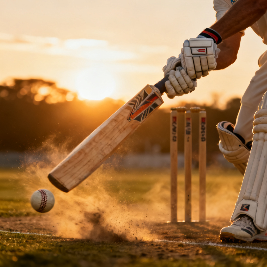 AI cricket batsman cover drive in golden hour
