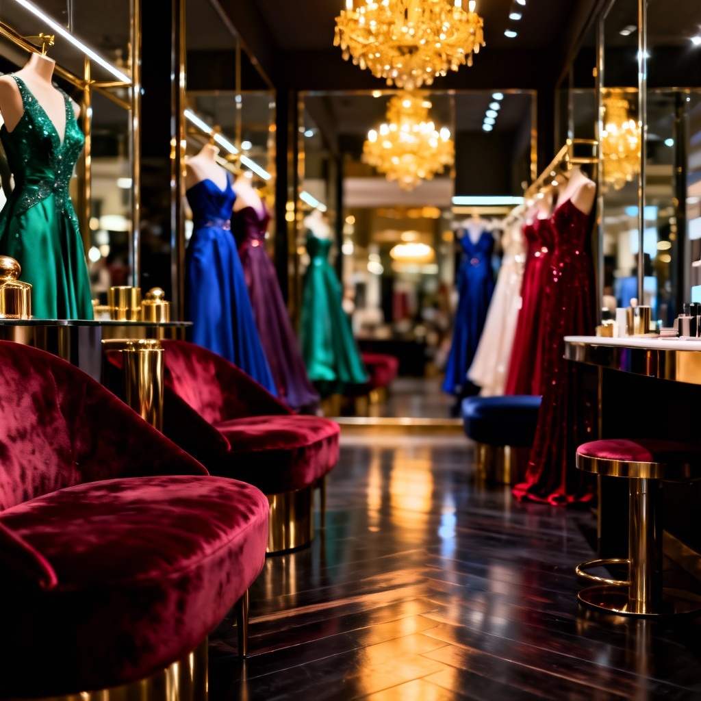 AI luxury boutique with velvet seating and chandeliers