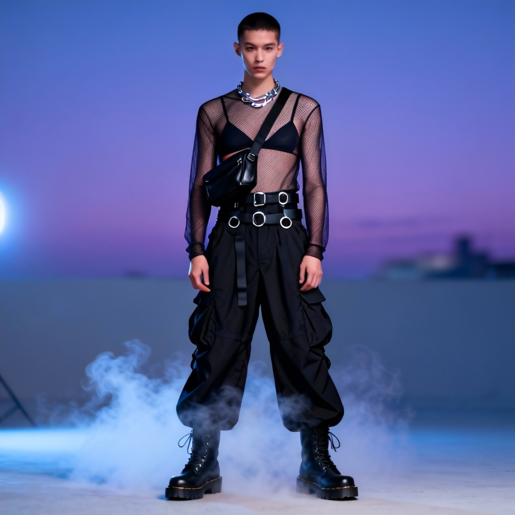 AI gender-neutral festival outfit with mesh top and parachute pants