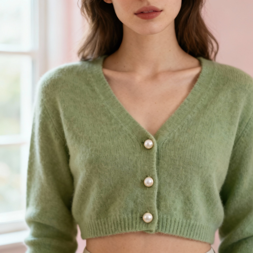Sage green cropped cardigan aesthetic portrait