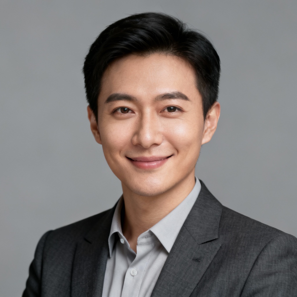 AI LinkedIn corporate headshot on neutral gray background