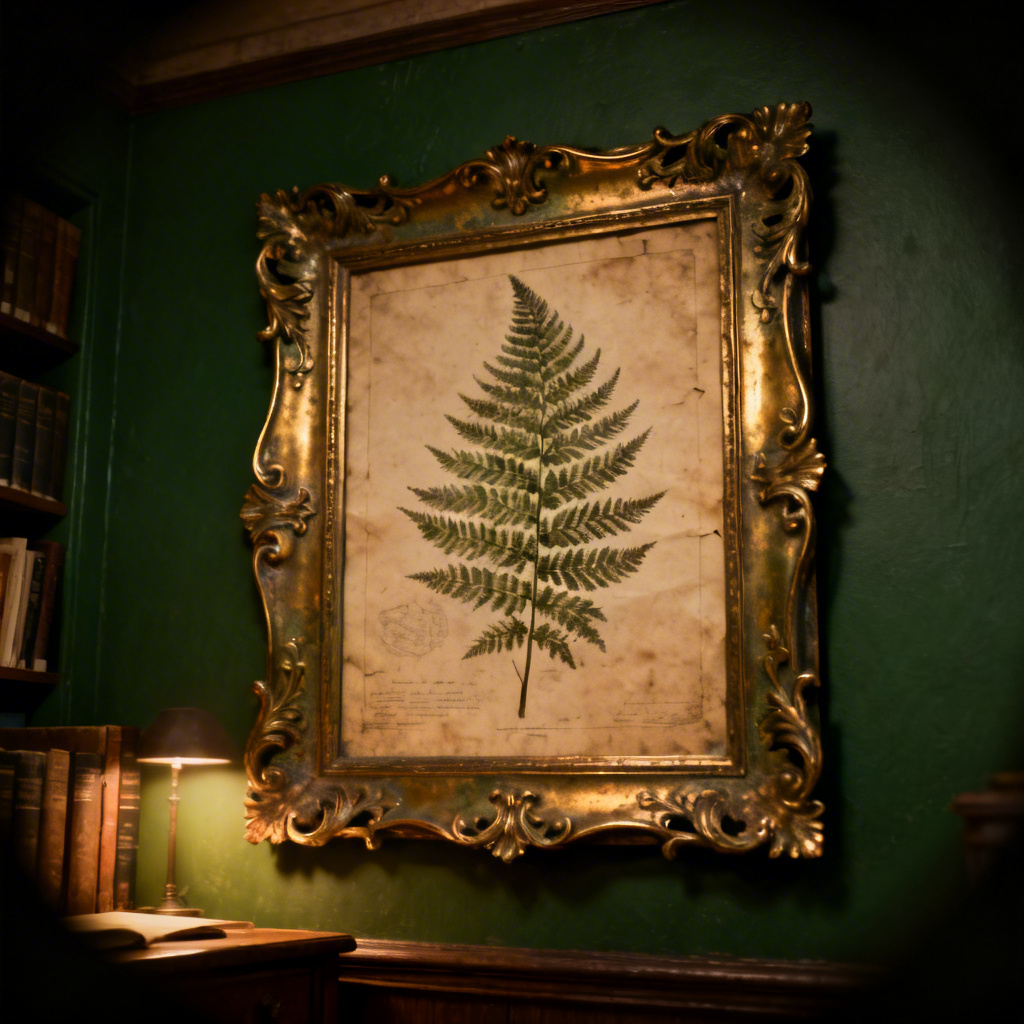 AI ornate brass frame around classic art print in cozy room