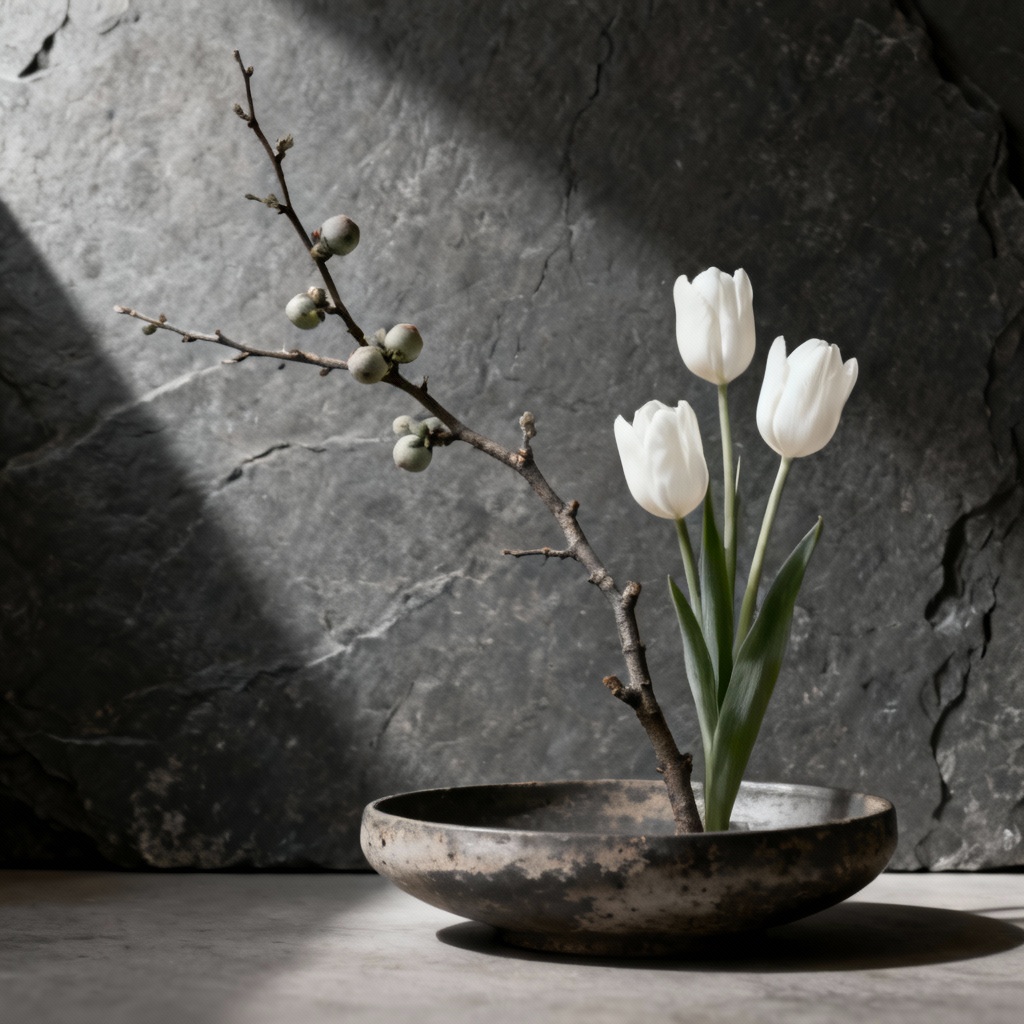 AI minimalist ikebana floral arrangement