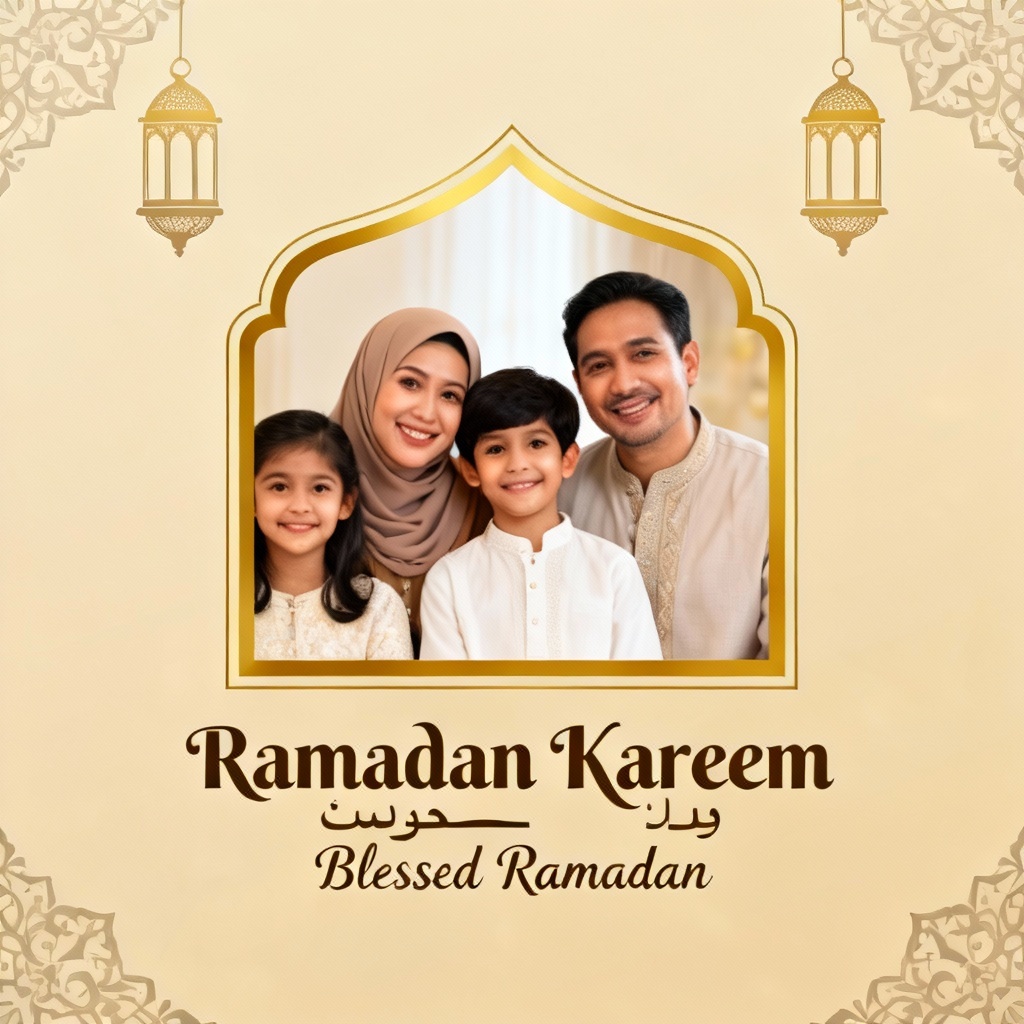Photo Ramadan greeting card with arabesque gold frame