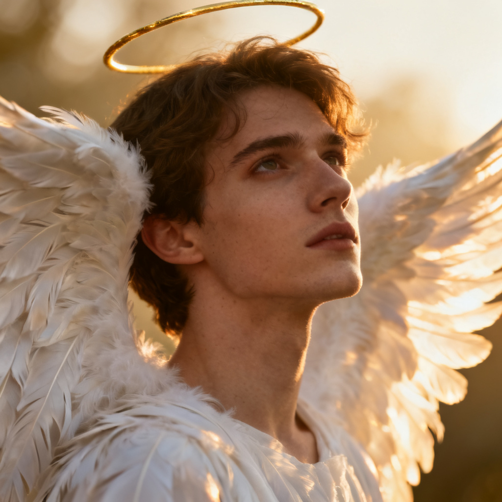 AI portrait with soft white angel wings