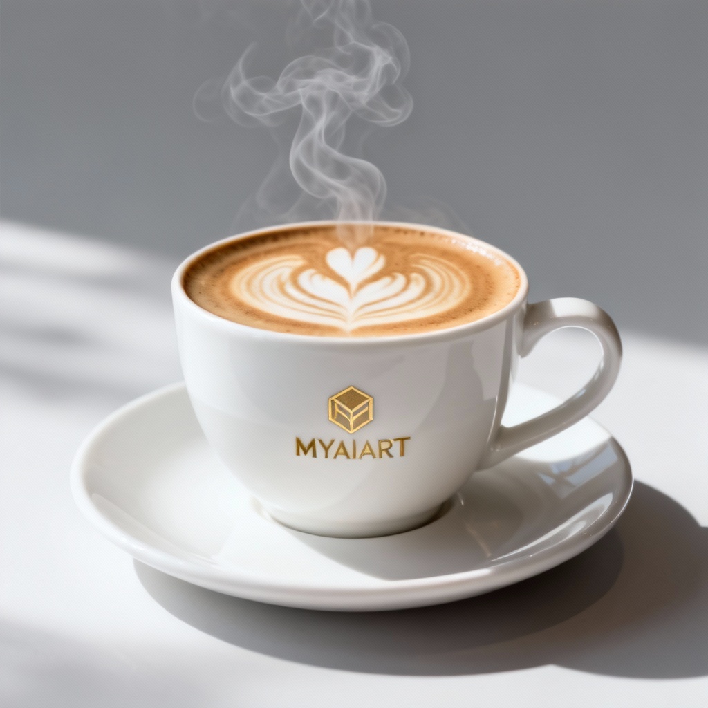 AI Coffee Cup Design Mockup with Latte Art and Gold Logo