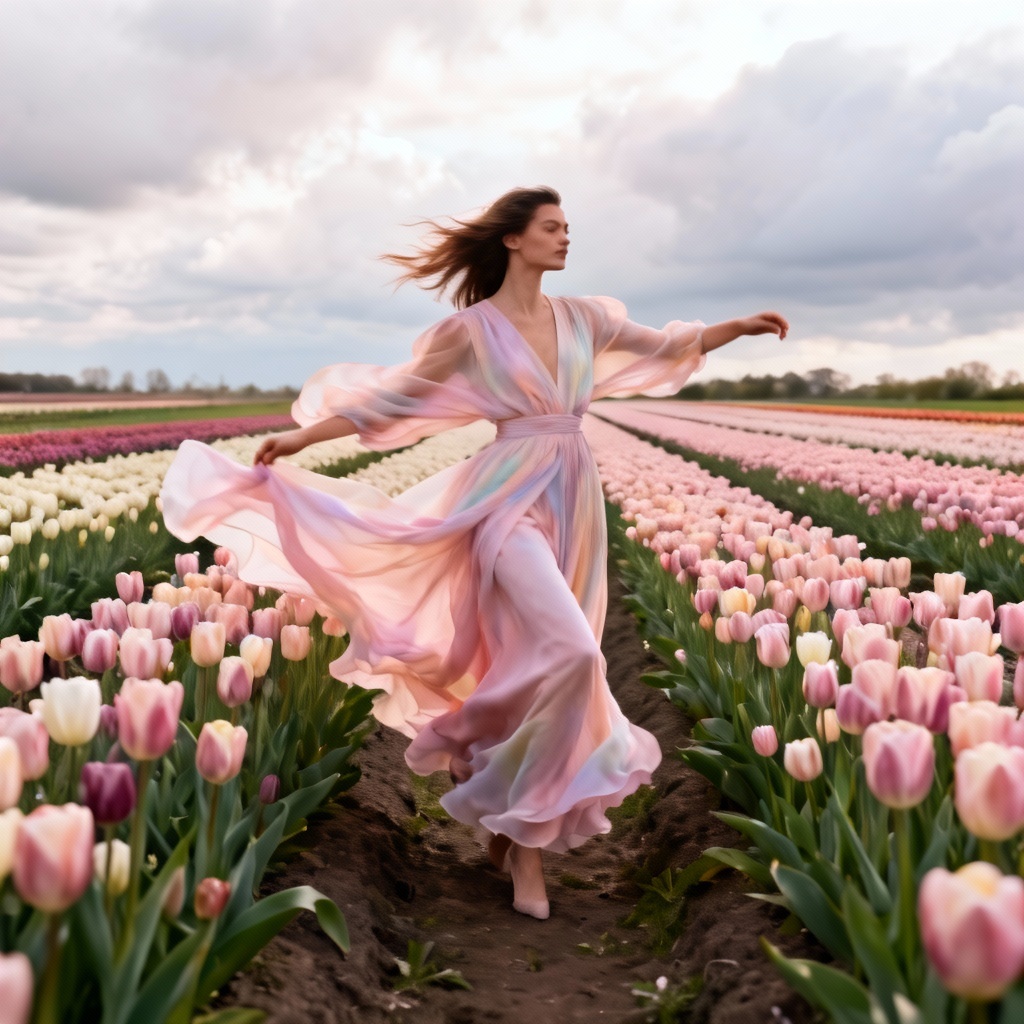 Editorial fashion model in tulip garden
