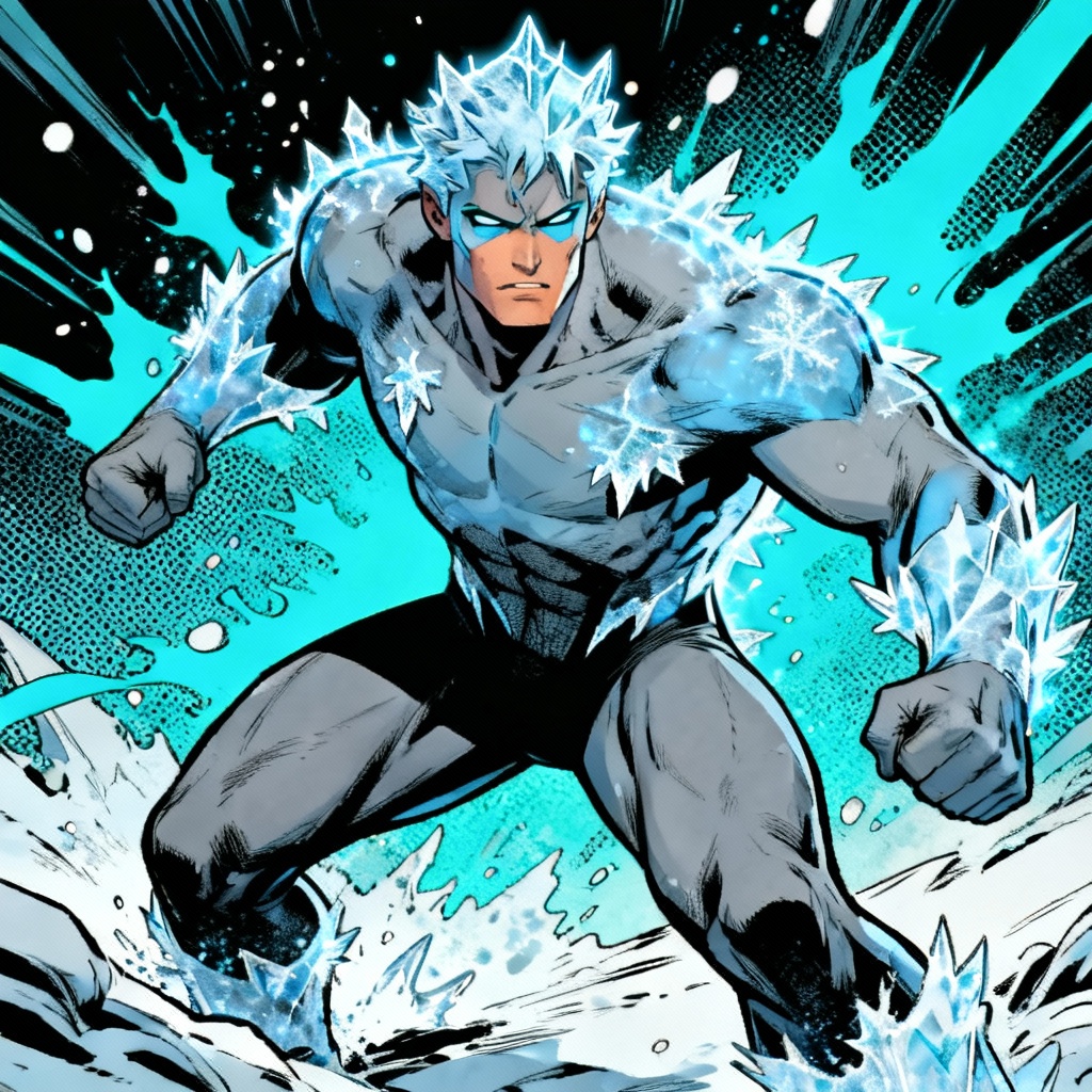 AI comic hero with cool-toned gray-blue skin and frost effects