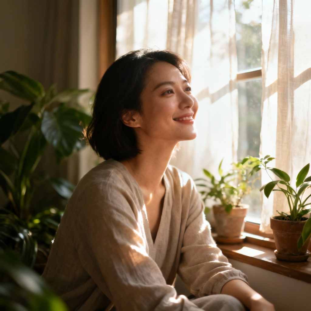 AI morning beauty portrait with plants and sunbeams