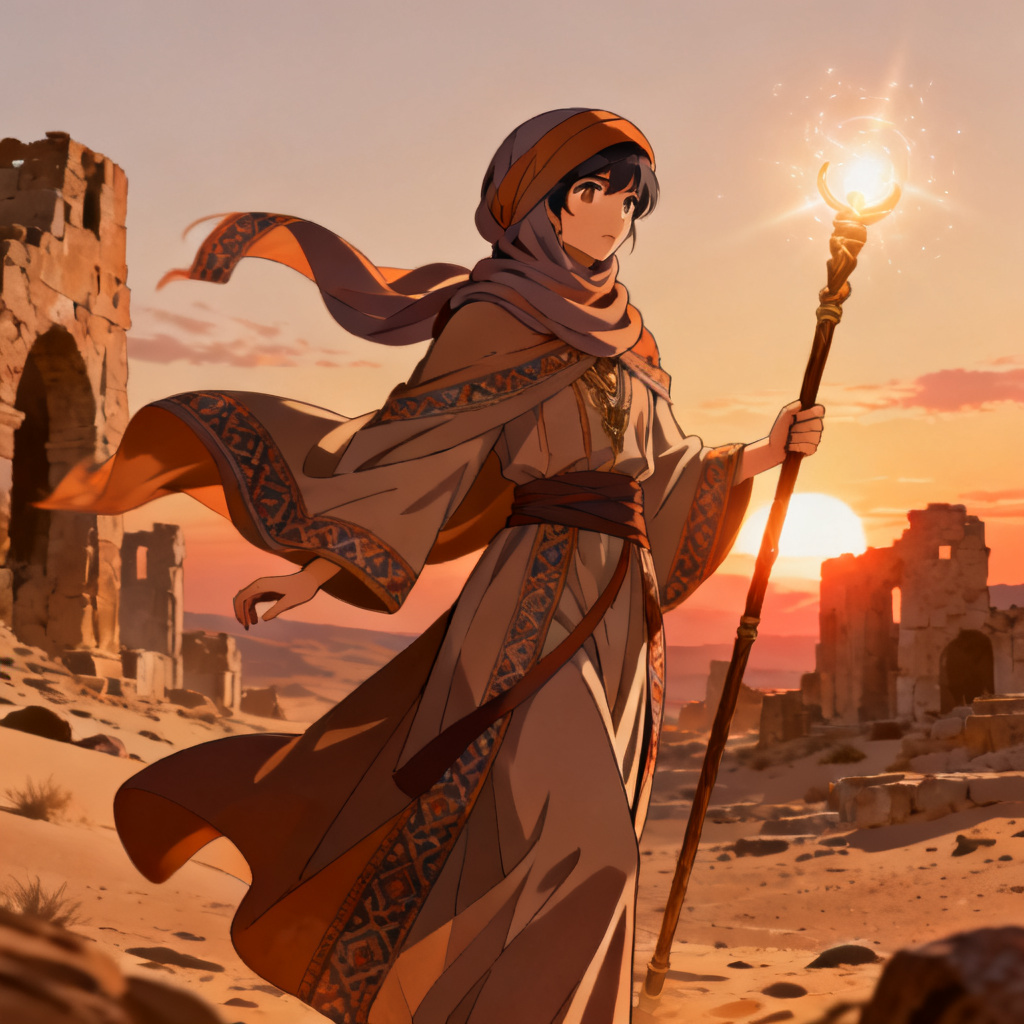 Modest fantasy mage with flowing robe and headscarf casting light magic
