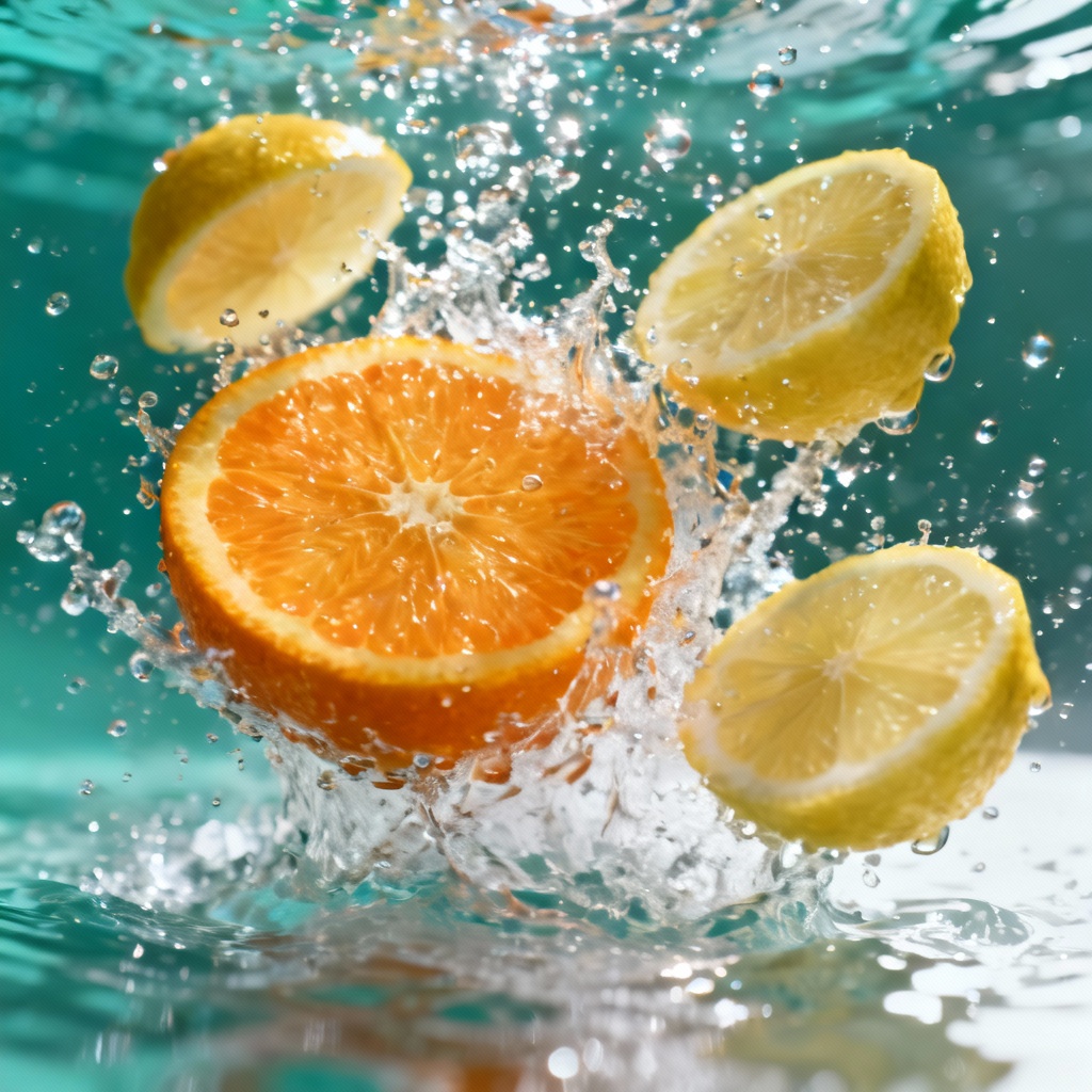 AI citrus splash with vibrant water droplets