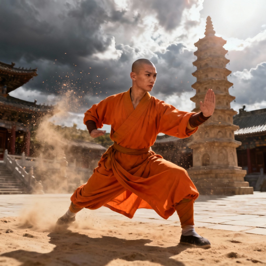 AI Shaolin monk in dynamic training stance