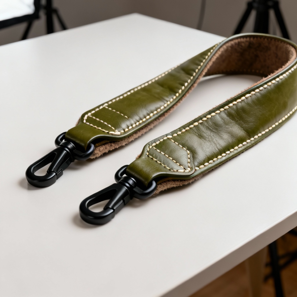 AI padded olive leather camera strap with stitching