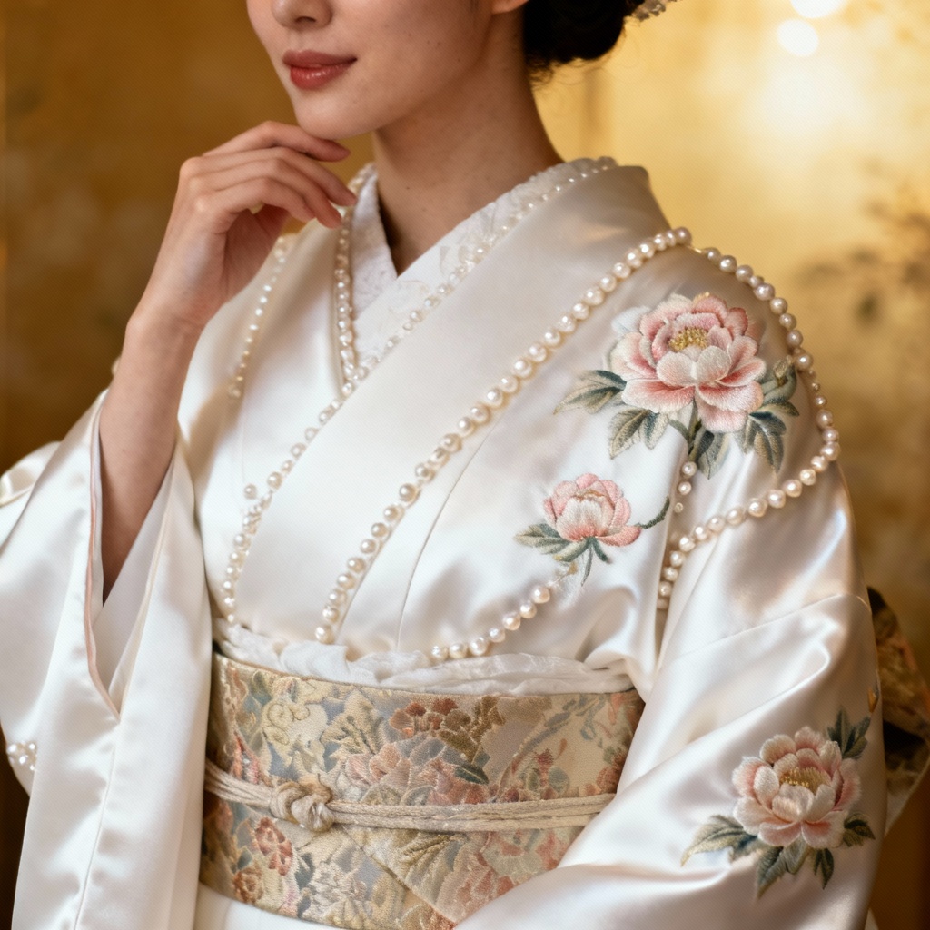 AI bridal white uchikake kimono with floral embroidery