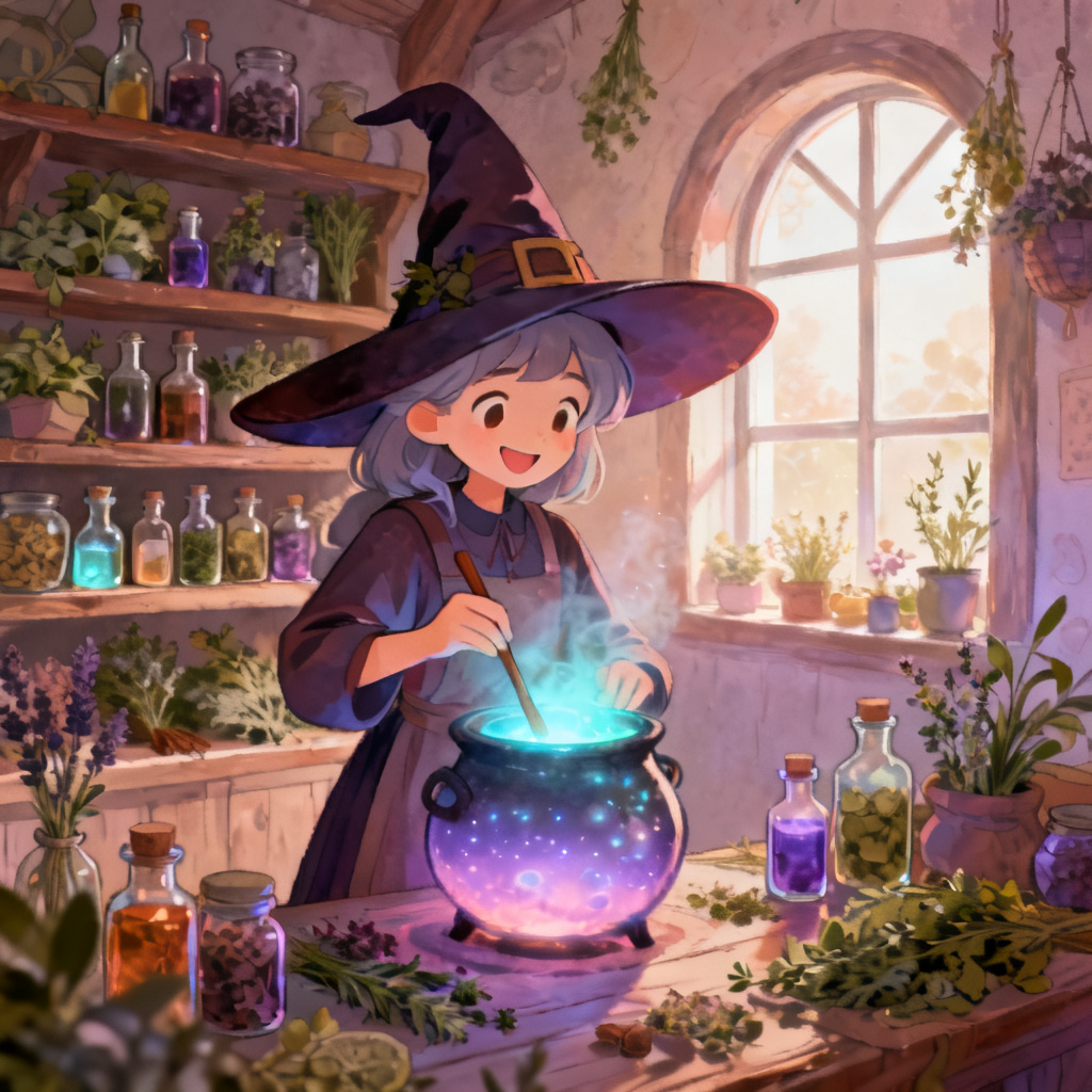 AI cottage witch alchemist original character in studio