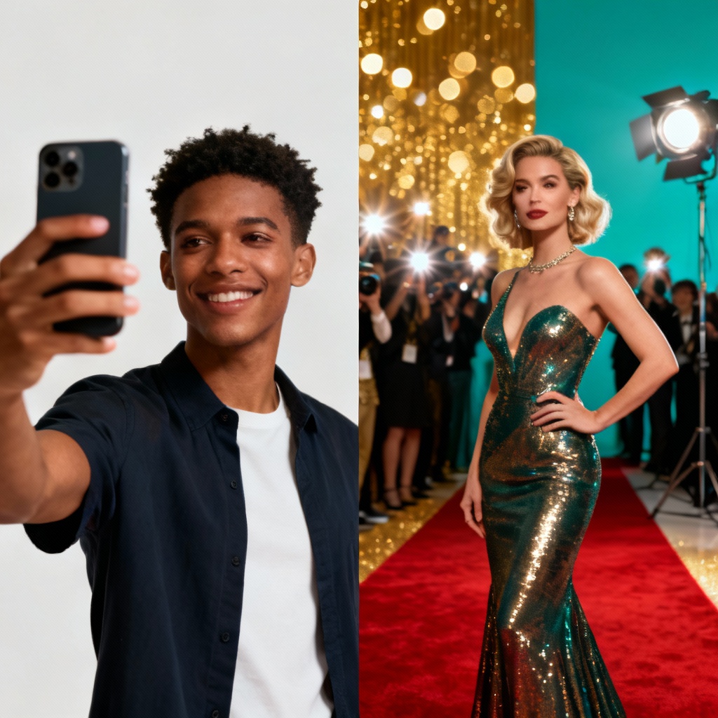 AI celebrity look alike split-screen selfie and match