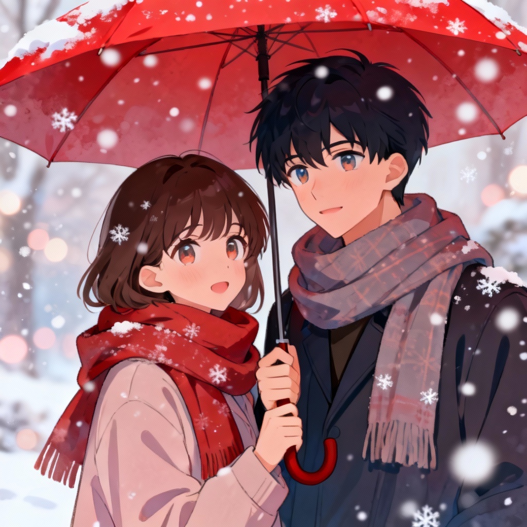 AI Anime Winter Couple Under Umbrella