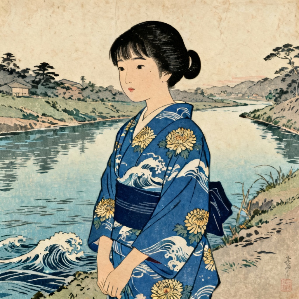 Ukiyo-e kimono girl woodblock style
