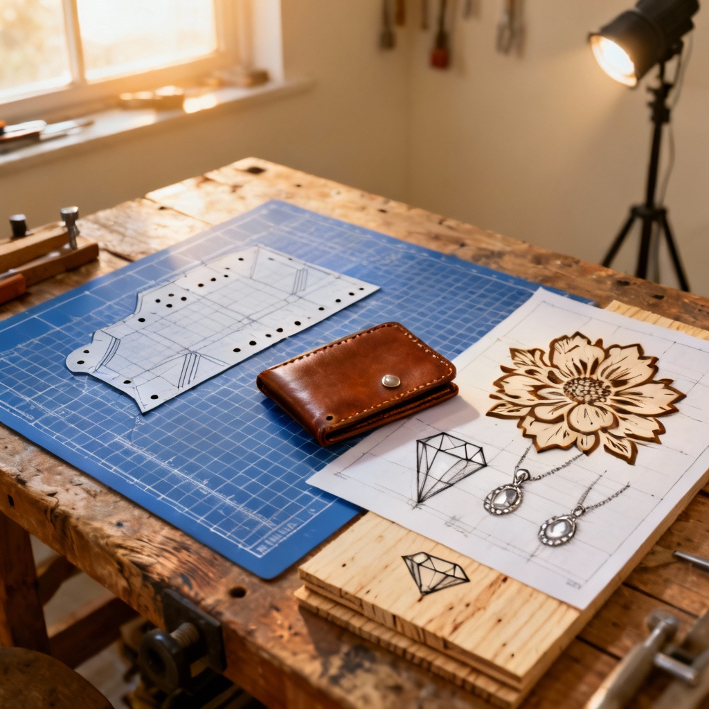 AI-generated artisan workbench with wood joinery blueprint, leather template, and vector laser-cut pattern