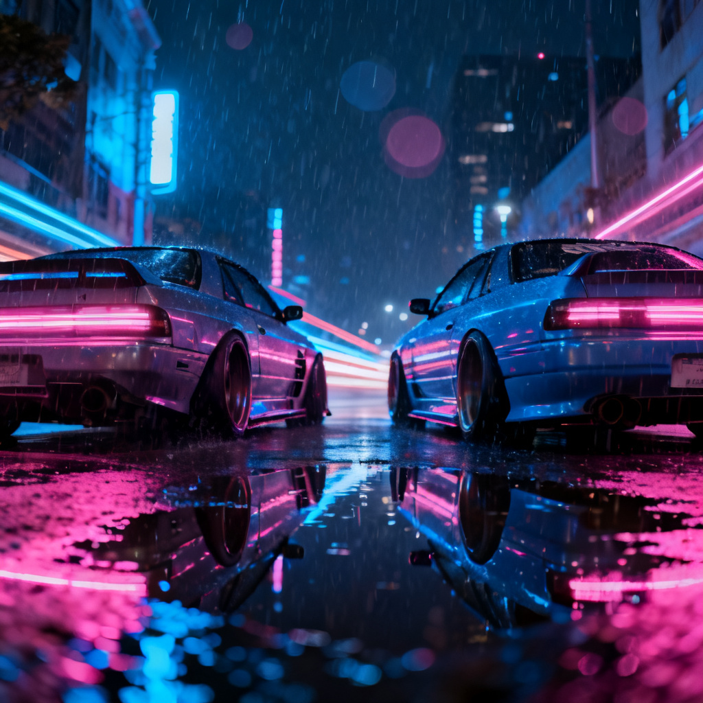 AI car racing image of neon night street race with reflections