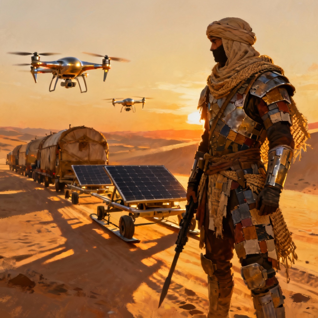 AI nomad warrior protecting a desert caravan at sunset