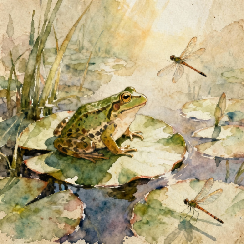 AI vintage watercolor frog on lily pads with dragonflies