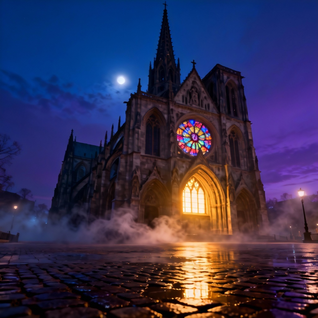 AI render of a moonlit Gothic cathedral with flying buttresses and a rose window