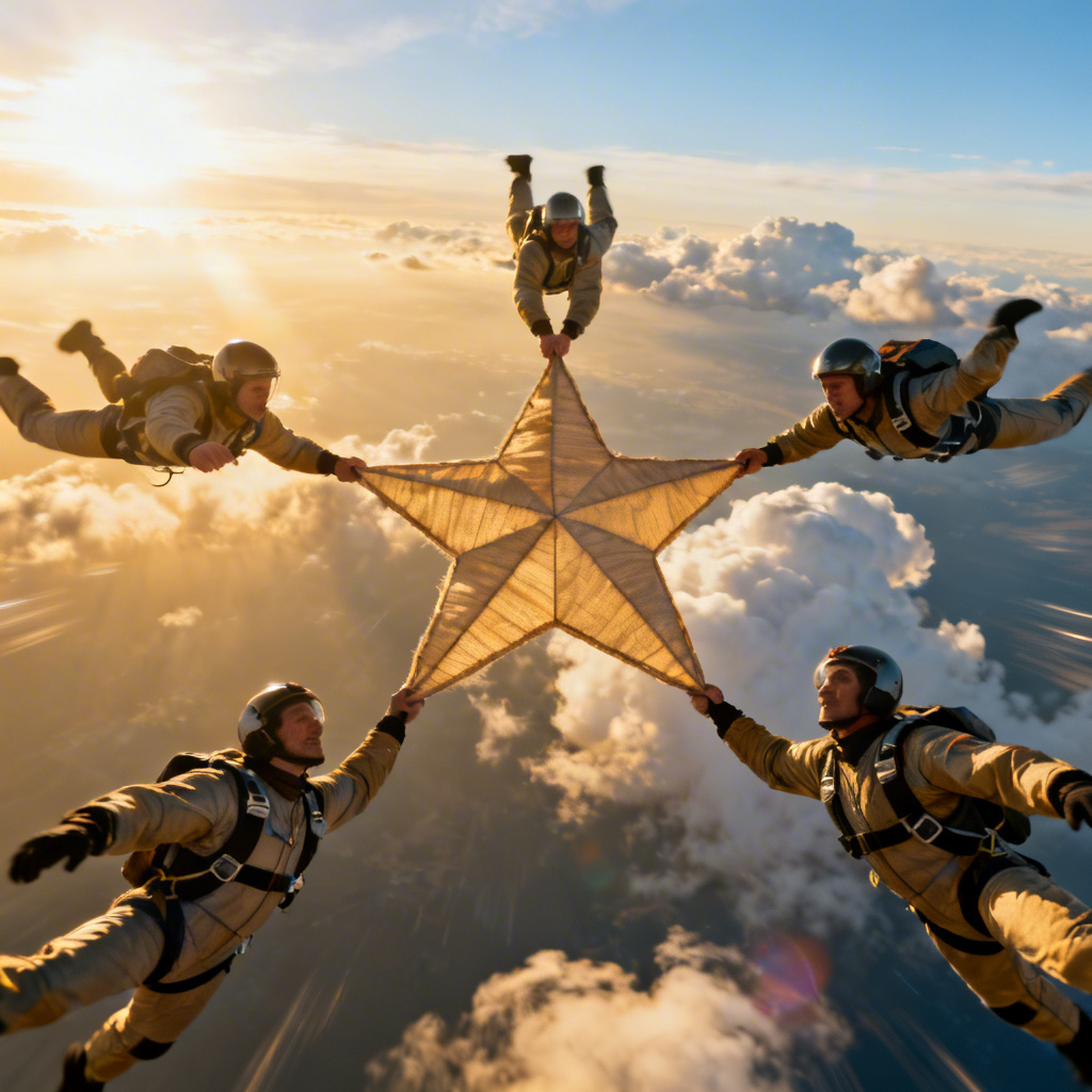 AI skydiving formation at sunrise above clouds