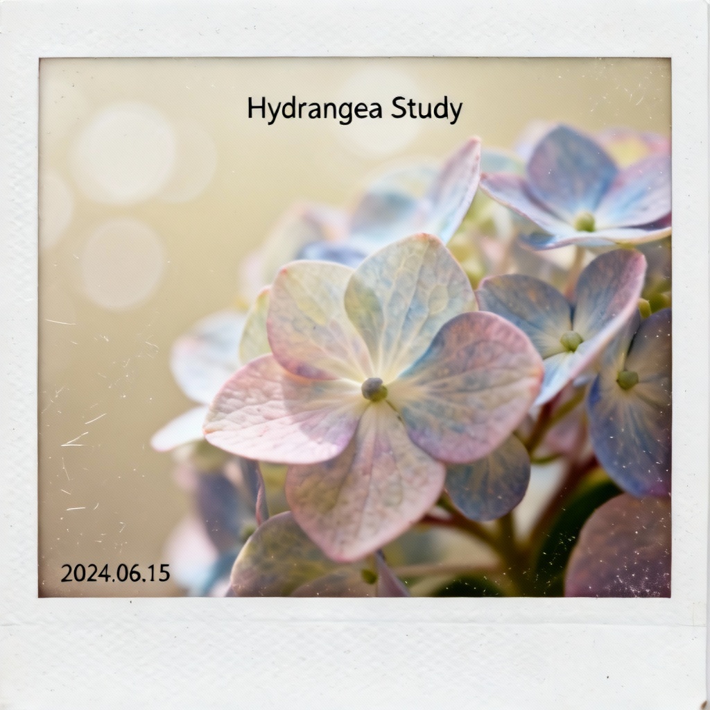 AI polaroid macro of pastel flowers with soft vignette and caption