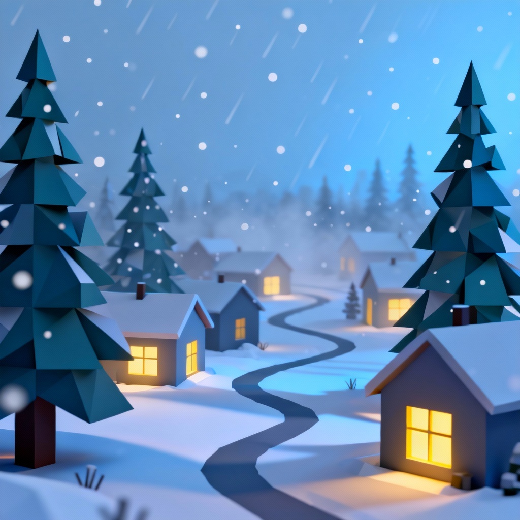 Low-poly AI snowy village with chalets and stylized trees