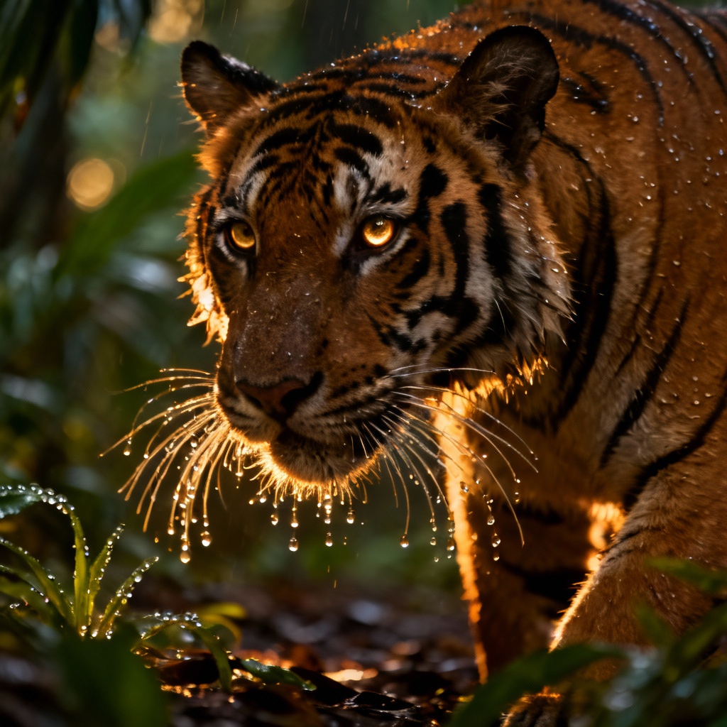 AI-generated realistic Bengal tiger portrait in rainforest
